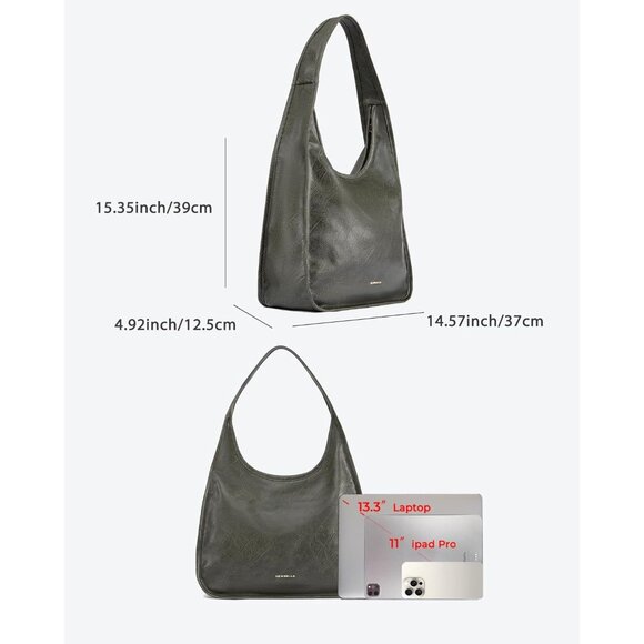 Newbella Women's Green Soft PU Leather Shoulder Tote Hobo Purses with Zipper - Picture 7 of 7